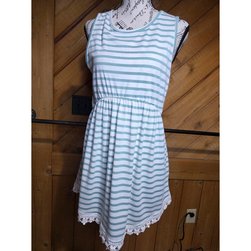 Mint Green White Striped Sleeveless‎ Mini Dress Lace Trim Elastic Waist Womens